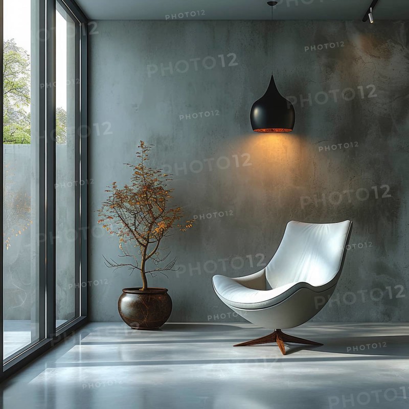 Minimalist space with a modern chair, concrete walls, large window, indoor plant, and sleek lighting creating a tranquil atmosphere, AI Generated, AI generated