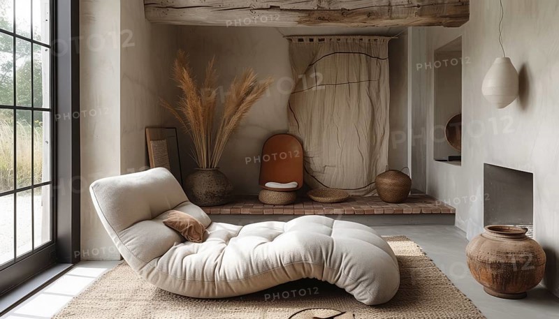 Rustic room with a cozy atmosphere, featuring a lounge chair, earthy tones, woven decor, a large window, and wooden beams, AI Generated, AI generated