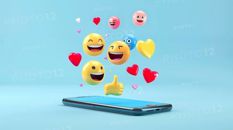 3D emojis emerging from a cellphone, representing positive emotions, AI generated