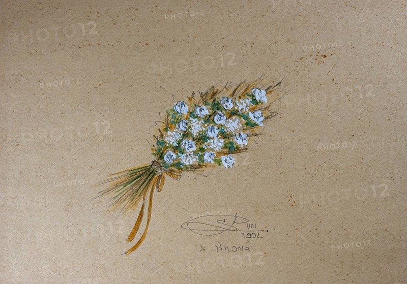 Bouquet of flowers, design floral decoration for wedding, pencil drawing, sketch, mixed media, watercolour, pastel, acrylic tempera, acrylic, on paper