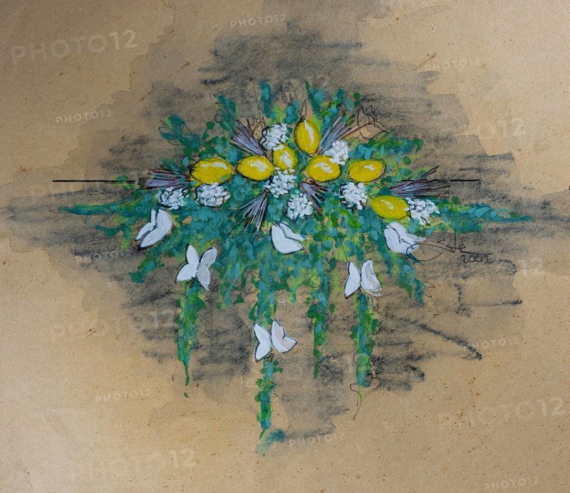 Flower decoration with lemons, design flower decoration for wedding, pencil drawing, sketch, mixed media, watercolour, pastel, acrylic tempera, acrylic, on paper