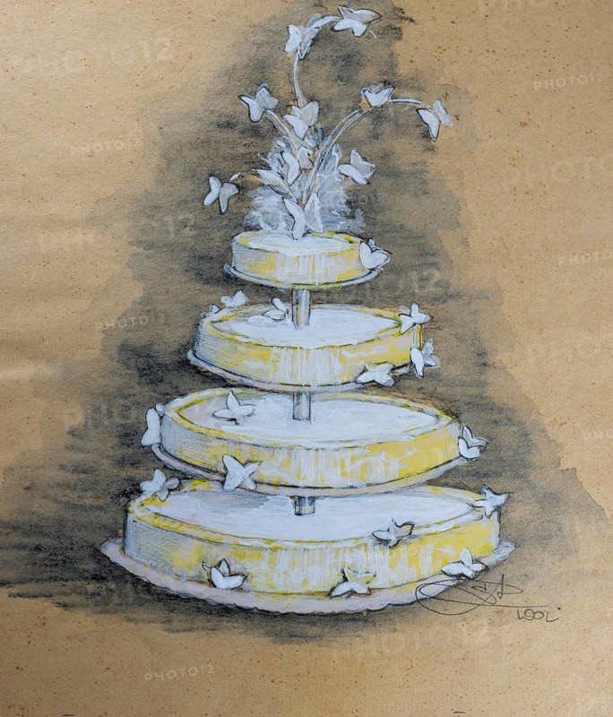 Wedding cake, design flower decoration for wedding, pencil drawing, sketch, mixed media, watercolour, pastel, acrylic tempera, acrylic, on paper