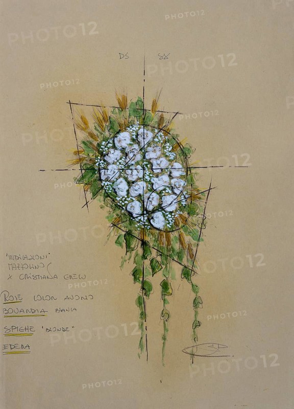 Bouquet of flowers, design floral decoration for wedding, pencil drawing, sketch, mixed media, watercolour, pastel, acrylic tempera, acrylic, on paper