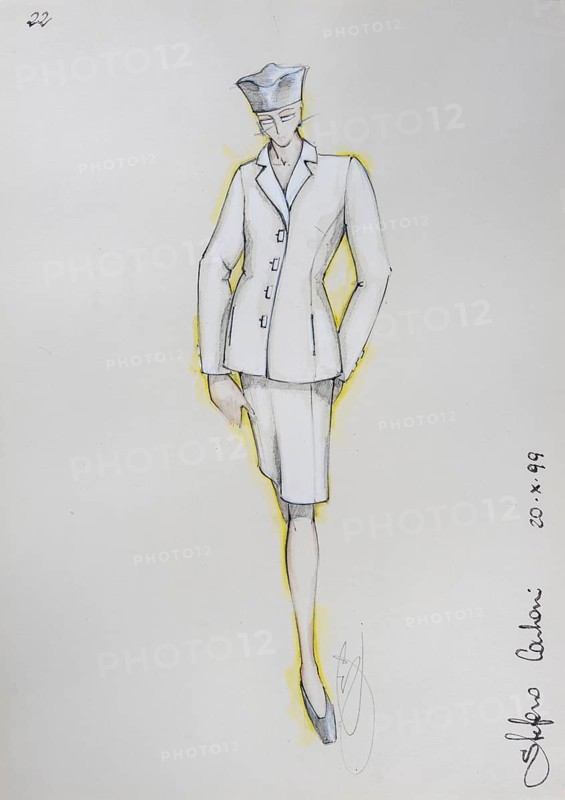 Fashion sketch, fashion design, women's fashion, fashion collection Prêt à porter autumn-winter 1999-2000, pencil drawing, watercolour pastel, watercolour, pastel, acrylic tempera, acrylic, on paper, elegant, feminine, slim, costume