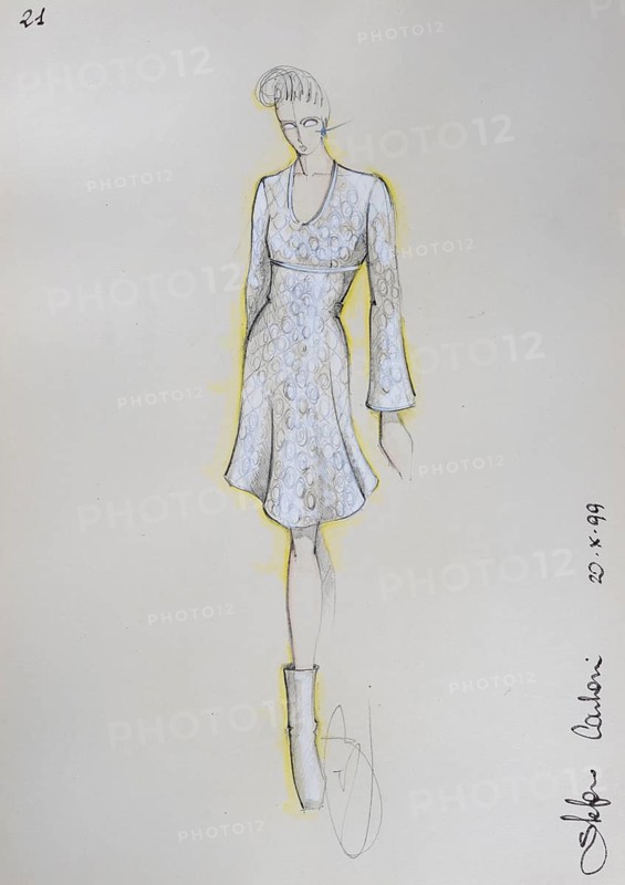 Fashion sketch, fashion design, women's fashion, fashion collection Prêt à porter autumn-winter 1999-2000, pencil drawing, watercolour pastel, watercolour, pastel, acrylic tempera, acrylic, on paper, elegant, feminine, slim, dress