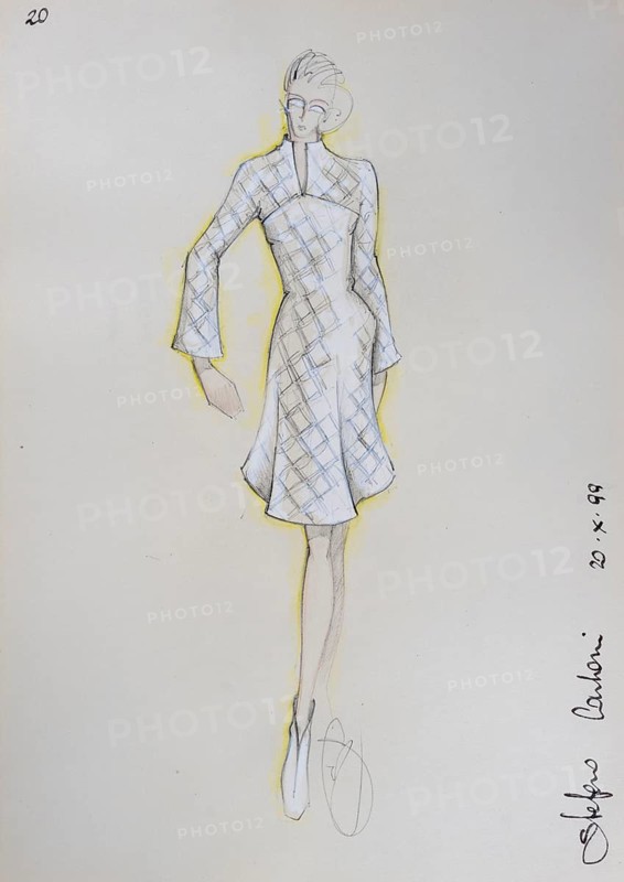 Fashion sketch, fashion design, women's fashion, fashion collection Prêt à porter autumn-winter 1999-2000, pencil drawing, watercolour pastel, watercolour, pastel, acrylic tempera, acrylic, on paper, elegant, feminine, slim, dress