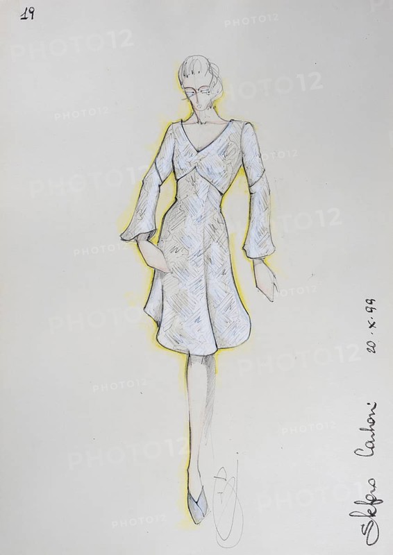 Fashion sketch, fashion design, women's fashion, fashion collection Prêt à porter autumn-winter 1999-2000, pencil drawing, watercolour pastel, watercolour, pastel, acrylic tempera, acrylic, on paper, elegant, feminine, slim, dress