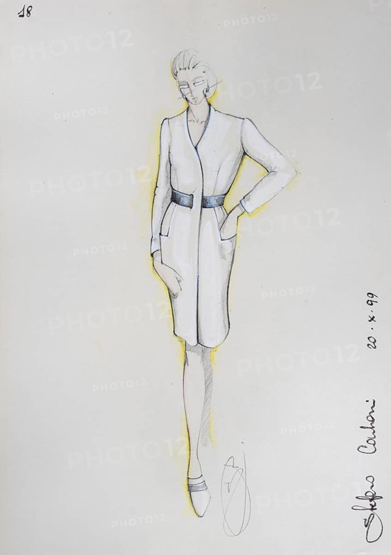 Fashion sketch, fashion design, women's fashion, fashion collection Prêt à porter autumn-winter 1999-2000, pencil drawing, watercolour pastel, watercolour, pastel, acrylic tempera, acrylic, on paper, elegant, feminine, slim, dress