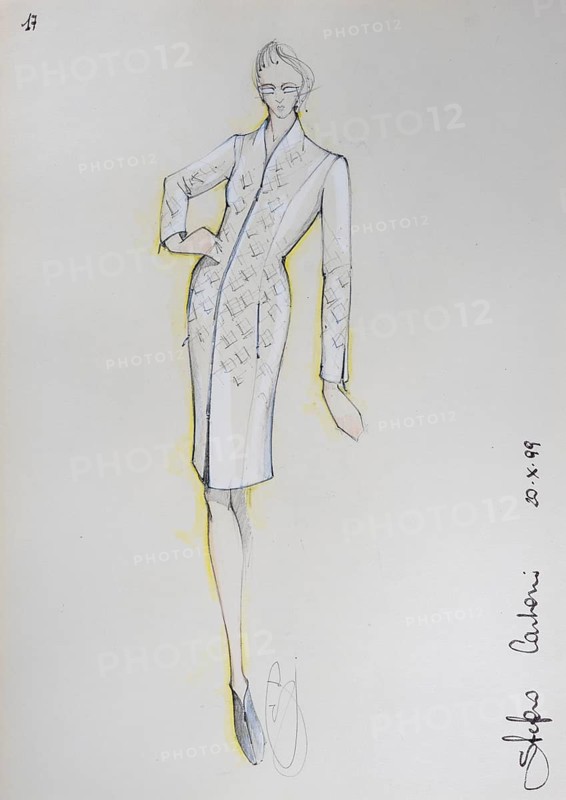 Fashion sketch, fashion design, women's fashion, fashion collection Prêt à porter autumn-winter 1999-2000, pencil drawing, watercolour pastel, watercolour, pastel, acrylic tempera, acrylic, on paper, elegant, feminine, slim, dress