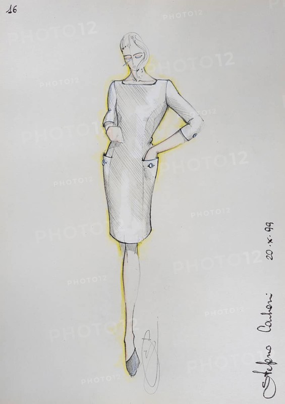 Fashion sketch, fashion design, women's fashion, fashion collection Prêt à porter autumn-winter 1999-2000, pencil drawing, watercolour pastel, watercolour, pastel, acrylic tempera, acrylic, on paper, elegant, feminine, slim, dress