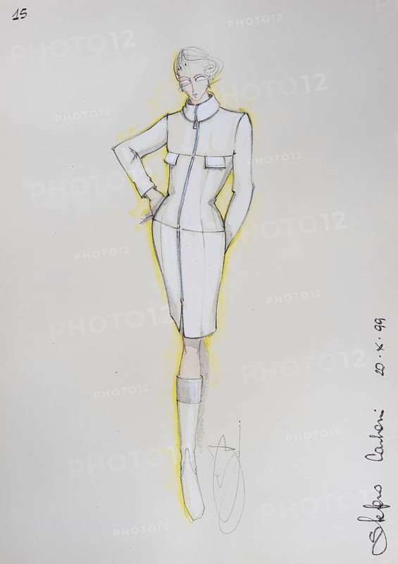 Fashion sketch, fashion design, women's fashion, fashion collection Prêt à porter autumn-winter 1999-2000, pencil drawing, watercolour pastel, watercolour, pastel, acrylic tempera, acrylic, on paper, elegant, feminine, slim, dress