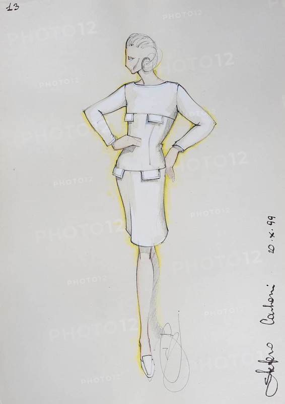 Fashion sketch, fashion design, women's fashion, fashion collection Prêt à porter autumn-winter 1999-2000, pencil drawing, watercolour pastel, watercolour, pastel, acrylic tempera, acrylic, on paper, elegant, feminine, slim, dress