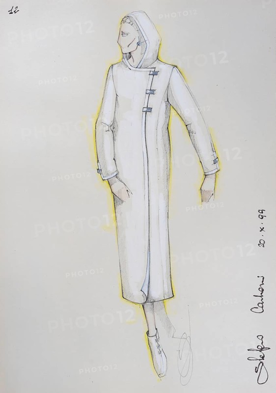 Fashion sketch, fashion design, women's fashion, fashion collection Prêt à porter autumn-winter 1999-2000, pencil drawing, watercolour pastel, watercolour, pastel, acrylic tempera, acrylic, on paper, elegant, feminine, slim, coat