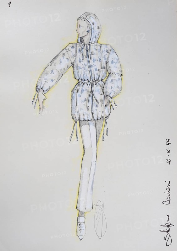 Fashion sketch, fashion design, women's fashion, fashion collection Prêt à porter autumn-winter 1999-2000, pencil drawing, watercolour pastel, watercolour, pastel, acrylic tempera, acrylic, on paper, elegant, feminine, slim, trousers, hooded jacket