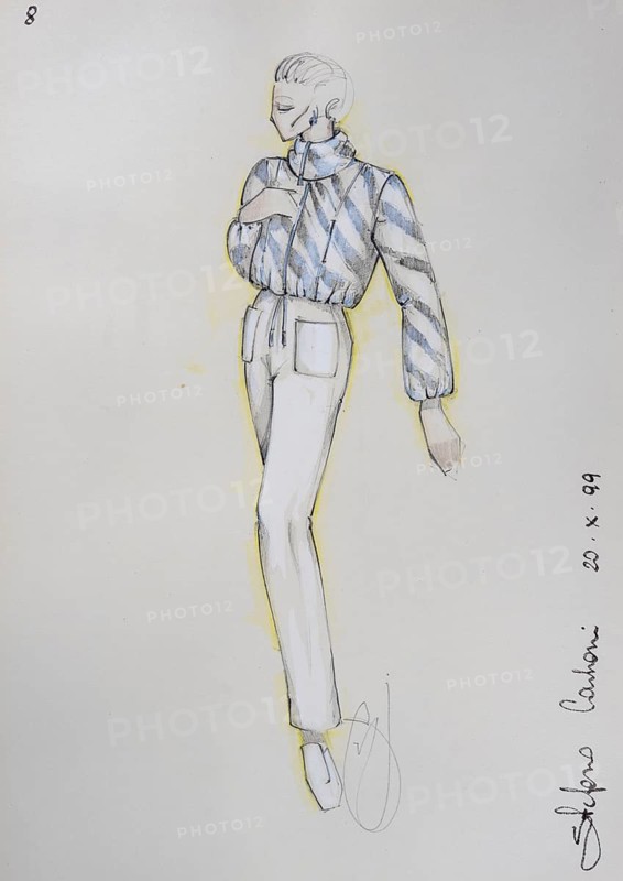 Fashion sketch, fashion design, women's fashion, fashion collection Prêt à porter autumn-winter 1999-2000, pencil drawing, watercolour pastel, watercolour, pastel, acrylic tempera, acrylic, on paper, elegant, feminine, slim, trousers, jacket