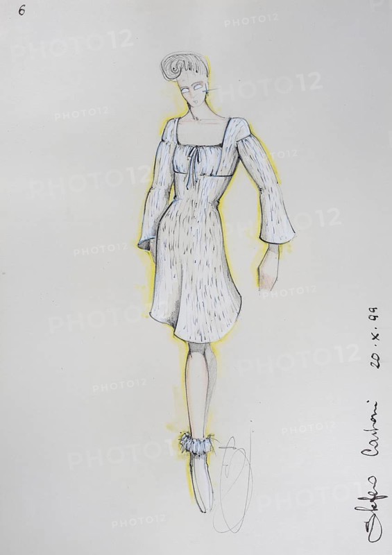 Fashion sketch, fashion design, women's fashion, fashion collection Prêt à porter autumn-winter 1999-2000, pencil drawing, watercolour pastel, watercolour, pastel, acrylic tempera, acrylic, on paper, elegant, feminine, slim, dress