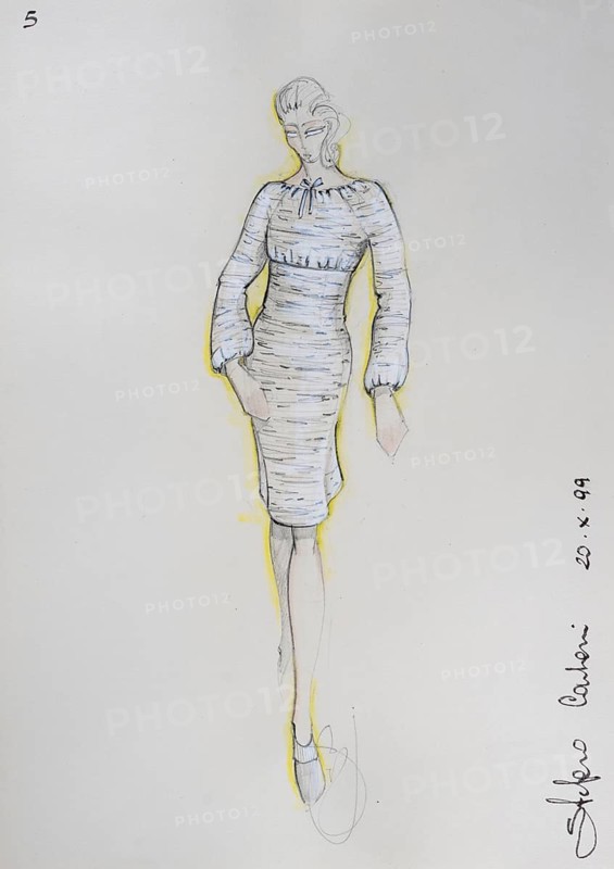 Fashion sketch, fashion design, women's fashion, fashion collection Prêt à porter autumn-winter 1999-2000, pencil drawing, watercolour pastel, watercolour, pastel, acrylic tempera, acrylic, on paper, elegant, feminine, slim, knitted dress