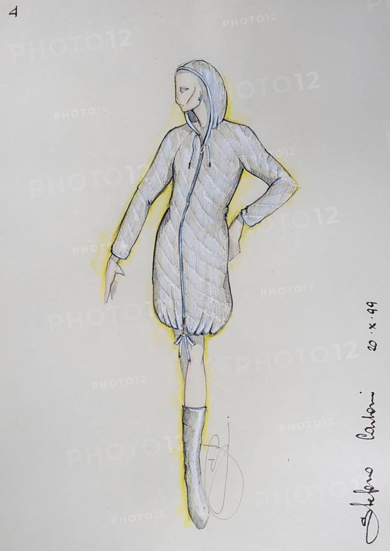 Fashion sketch, fashion design, women's fashion, fashion collection Prêt à porter autumn-winter 1999-2000, pencil drawing, watercolour pastel, watercolour, pastel, acrylic tempera, acrylic, on paper, elegant, feminine, slim, boots, jersey coat