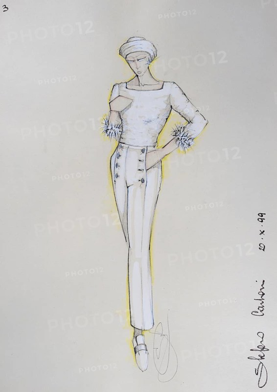 Fashion sketch, fashion design, women's fashion, fashion collection Prêt à porter autumn-winter 1999-2000, pencil drawing, watercolour pastel, watercolour, pastel, acrylic tempera, acrylic, on paper, elegant, feminine, slim, jersey blouse, trousers, shoes