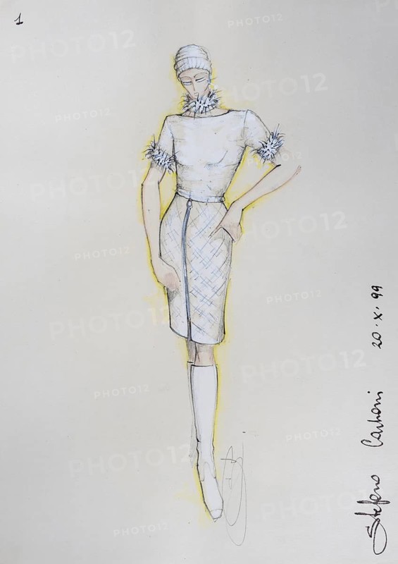 Fashion sketch, fashion design, women's fashion, fashion collection Prêt à porter autumn-winter 1999-2000, pencil drawing, watercolour pastel, watercolour, pastel, acrylic tempera, acrylic, on paper, elegant, feminine, slim, jersey blouse, tube skirt, boots