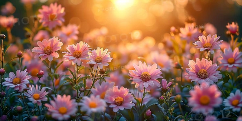 Spring meadow with numerous colourful daisies in the soft evening light. The background is softly focussed. AI generated, AI generated