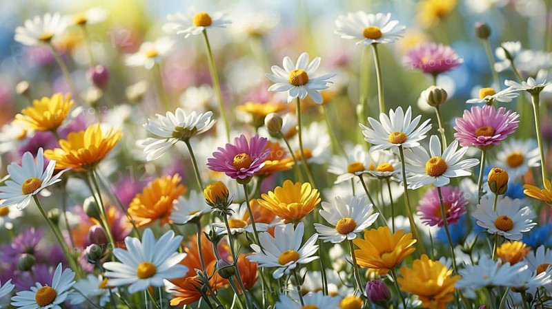 Spring meadow with a variety of colourful daisies and other flowers. The background is softly focussed. AI generated, AI generated