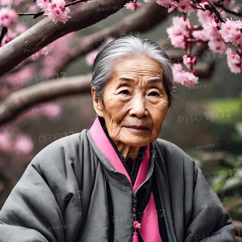 A poised elderly woman in traditional dress with a backdrop of cherry blossoms, AI generated