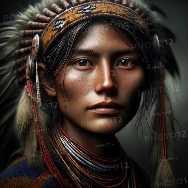 Portrait of a woman adorned with a Native American headdress and tribal jewelry, AI generated