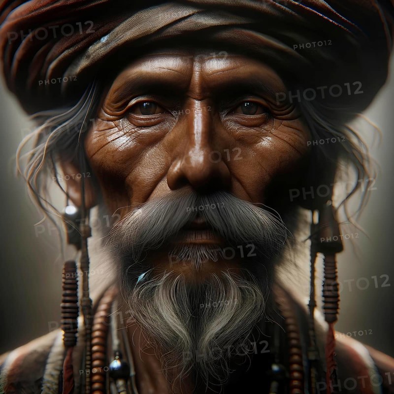 Detailed portrait of an elderly man wearing a turban and adorned with beaded necklaces, AI generated