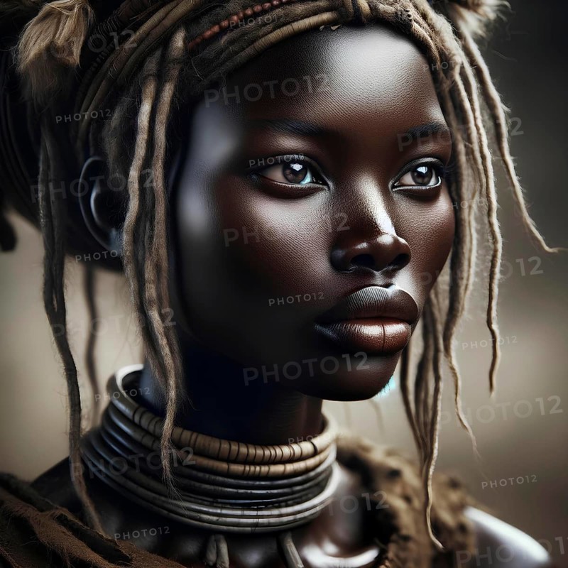 Close-up of a young African woman with neck rings and dreadlocks against a blurred background, AI generated