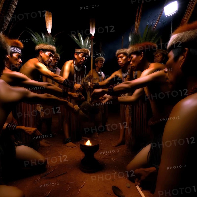 A group of indigenous people engaged in a traditional dance ritual around a flame at night, AI generated