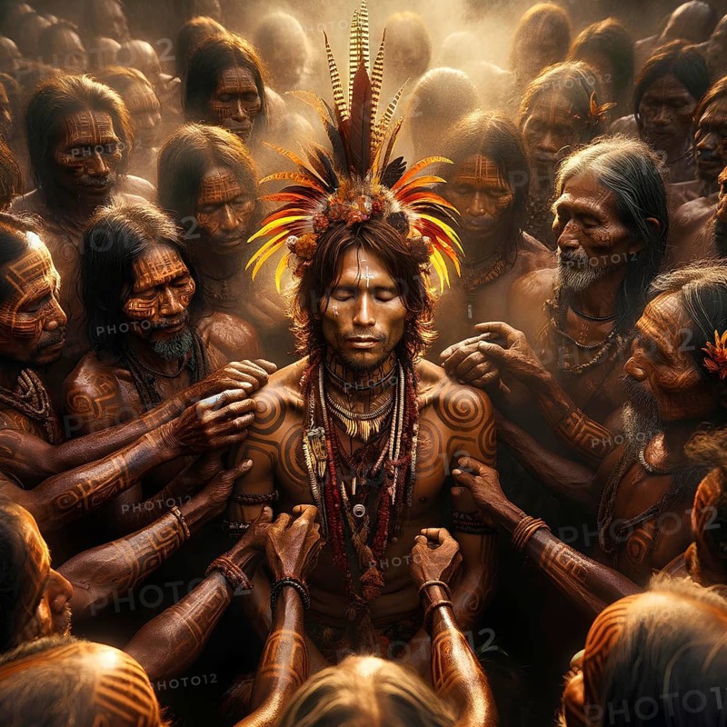 A man is surrounded by his tribe in a spiritual initiation ceremony with body paint and headdress, AI generated