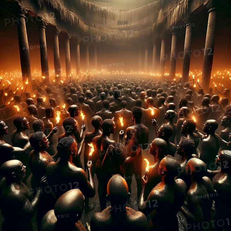 A large congregation of tribal individuals holding torches inside a ceremonial structure, AI generated