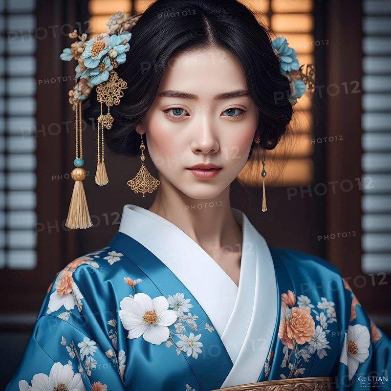A portrait of a graceful woman adorned with gold tassel earrings and a blue floral kimono, AI generated
