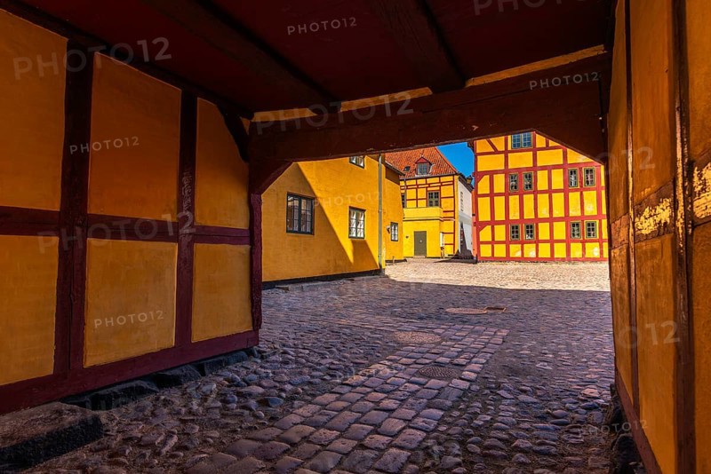 Kerteminde, Andresens Gaard, historic merchant's yard, restored half-timbered house, ensemble, passageway, cobblestones, Great Belt, Fyn, island of Funen, Baltic Sea, Denmark, Europe