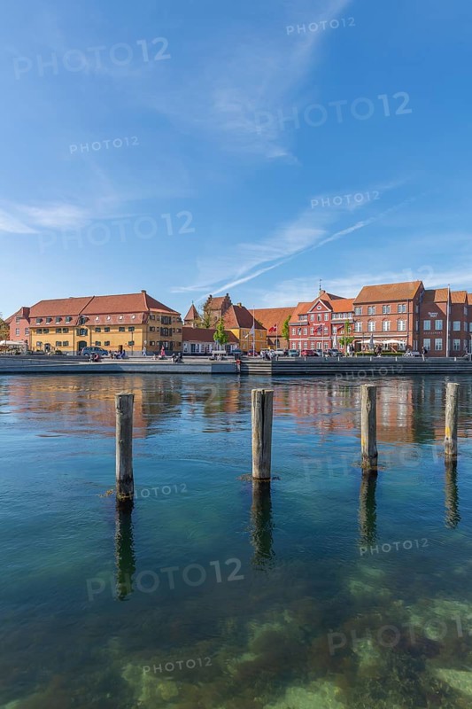 Small town of Kerteminde on the Great Belt, old town on the harbour basin, dolphins, Fyn, Fyn Island, Baltic Sea, Denmark, Europe