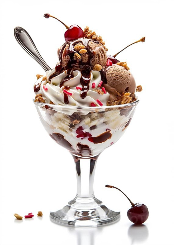 Delicious ice cream sundae topped with whipped cream, chocolate fudge, sprinkles, nuts and cherries over white background. AI generated