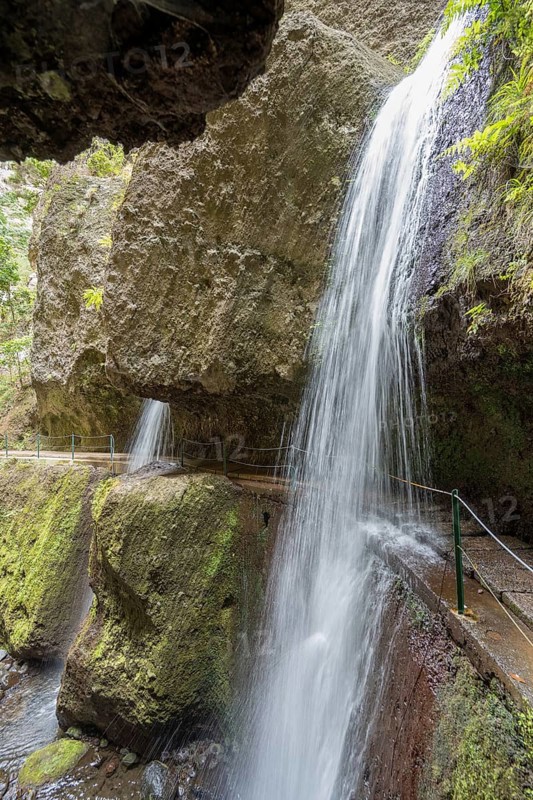 Hiking trail with waterfall on the Levada Nova and Levada do Moinho, Madeira, Portugal, Europe