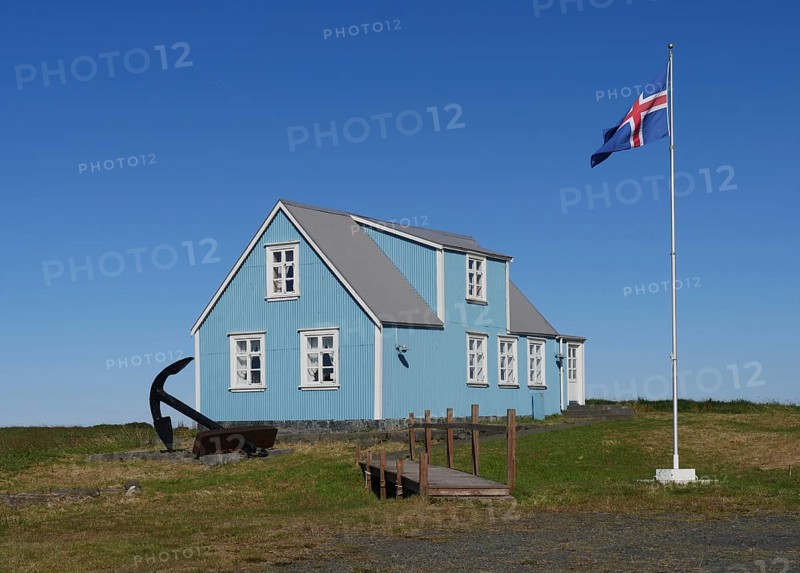 Blue house in Sandgerdi in the west of Iceland