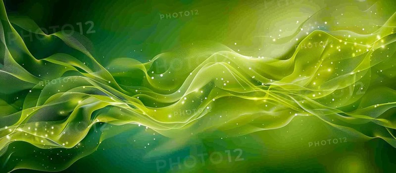 An abstract digital artwork featuring green flowing shapes with light particles, evoking a dynamic feel, AI generated