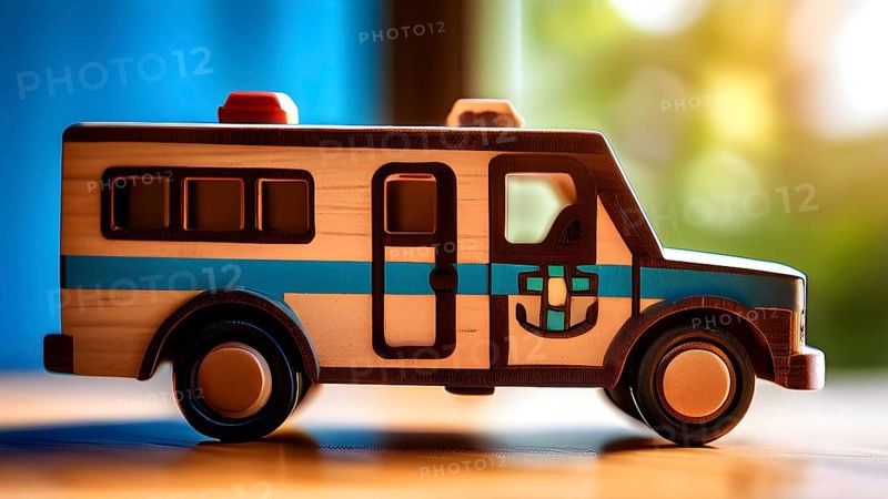 Vintage wooden ambulance car toy with a playful design in front of blurred background, AI generat, AI generated