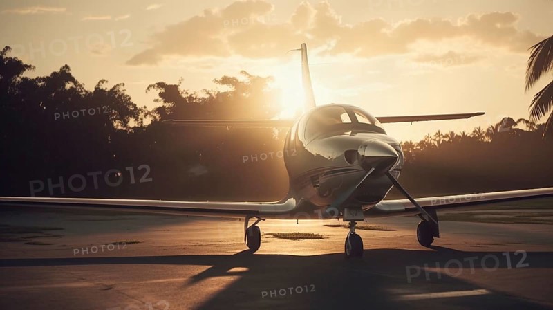 Private luxury jet airplane in tropical location waiting on the tarmac at sunset, generatvie AI, AI generated