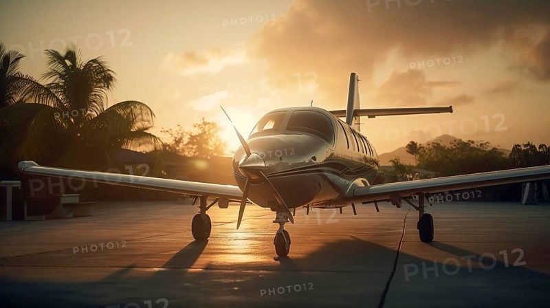 Private luxury jet airplane in tropical location waiting on the tarmac at sunset, generatvie AI, AI generated