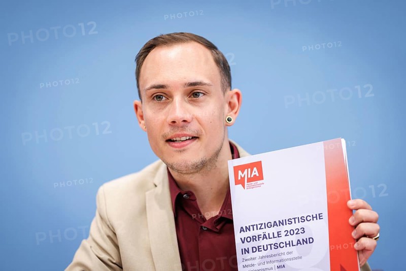 Silas Kropf, Chairman of the Board of MIA e.V., recorded during the Federal Press Conference for the presentation of the annual report on antiziganist incidents 2023 in Berlin, 17 June 2024