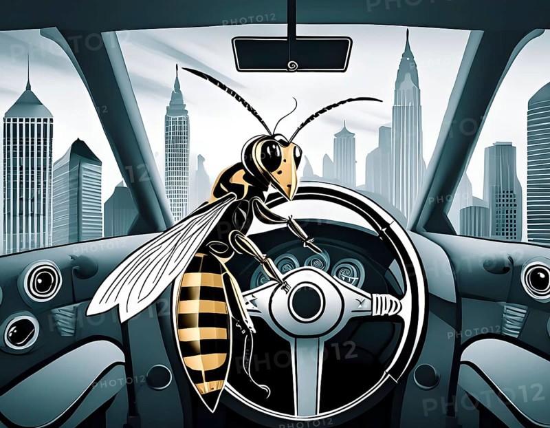 A large wasp is sitting on the steering wheel of a car and has taken control of the vehicle. Symbol image on the subject of wasps and other insects in cars. Cartoon style with monochrome colouring, AI generated, AI generated, AI generated