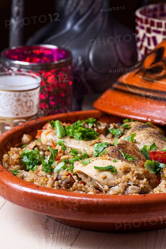 Cooked chicken in a tagine