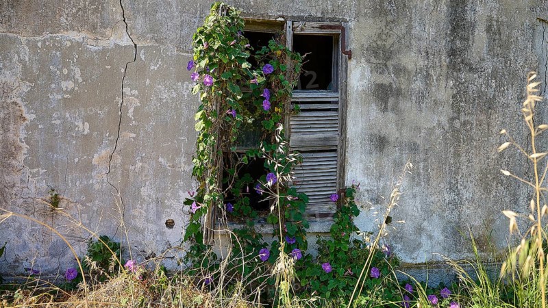 Window in a crumbling wall overgrown with ivy and purple flowers, feeling of abandonment and decay, Lost Place, World War II bunker, barrack, Kalavarda, Rhodes, Dodecanese, Greek Islands, Greece, Europe