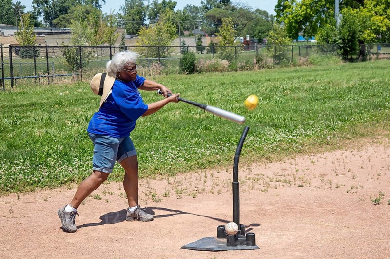 Detroit, Michigan, Fanella Felto, 73, competes in the Softball Hit at the Detroit Senior Olympics. The three-day competition for residents over 50 was organized by the city's Parks and Recreation Division