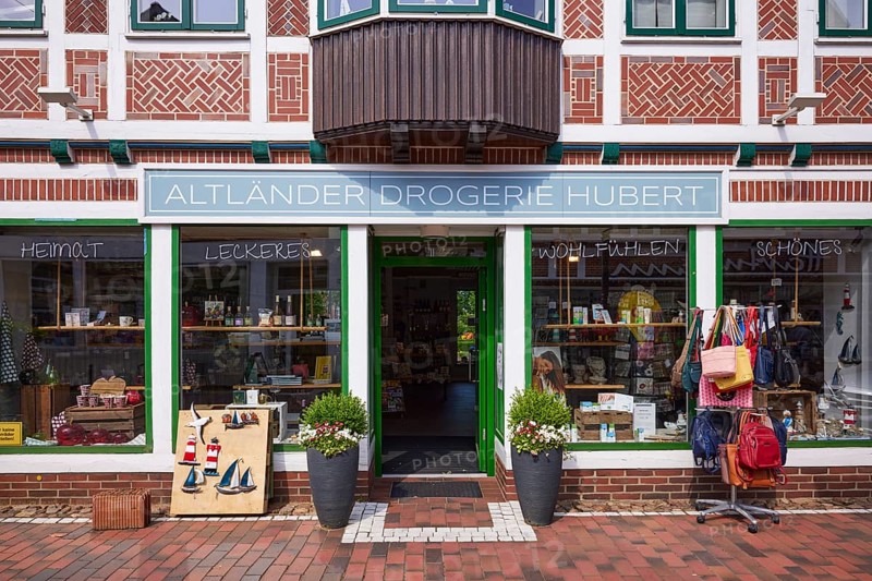 Entrance of the Altländer Drogerie Hubert in Jork, Altes Land, district of Stade, Lower Saxony, Germany, Europe