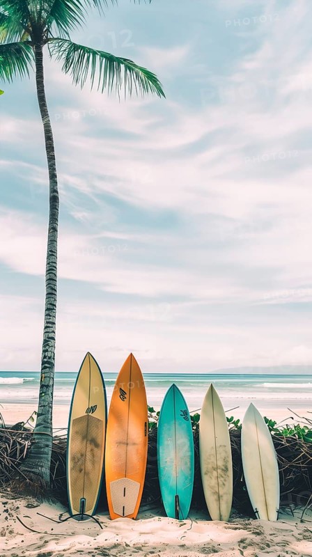 A row of surfboards at the beach, AI generated